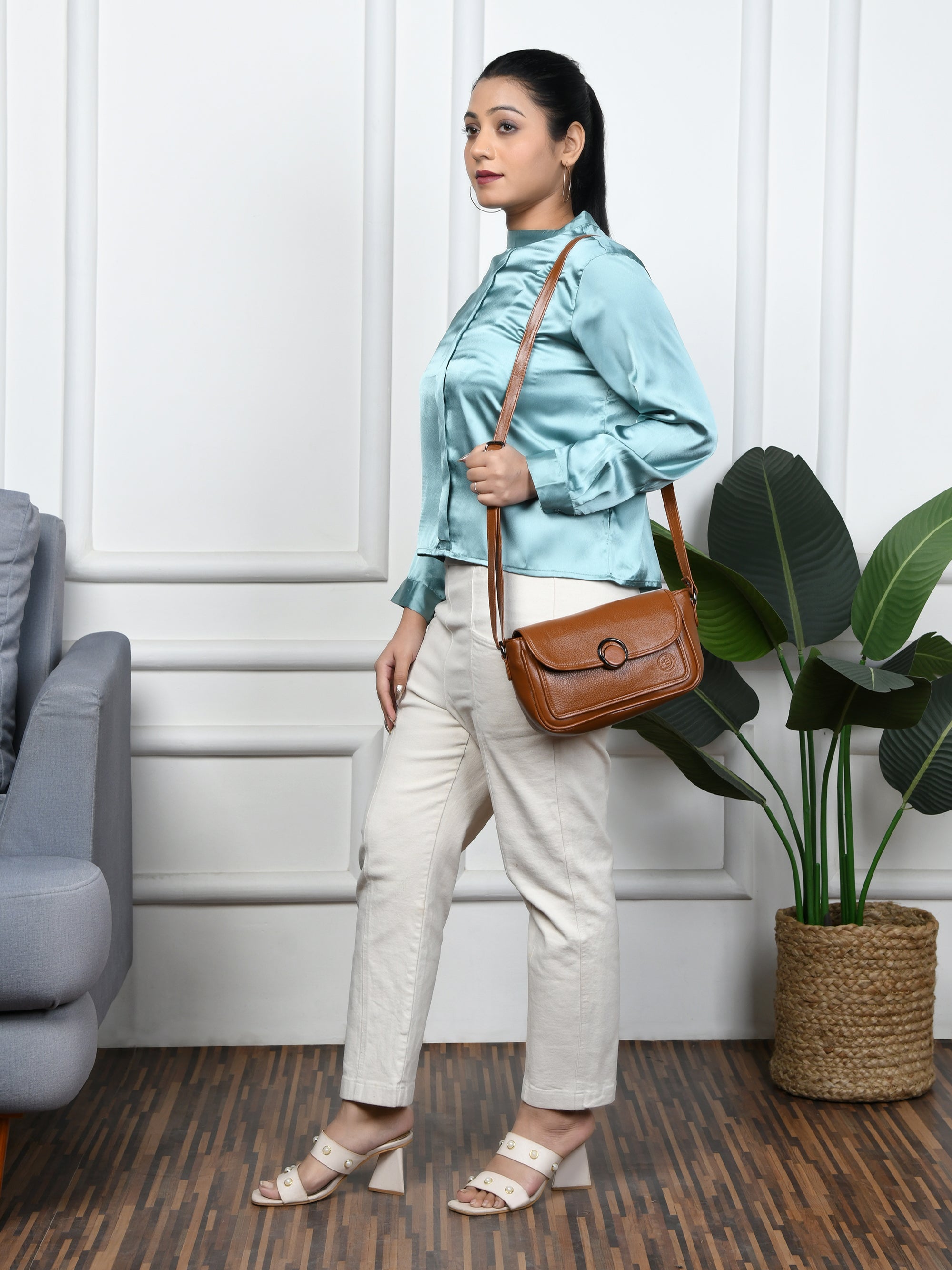 Verdant Elegance Women's Leather Handbag - Tan Colour